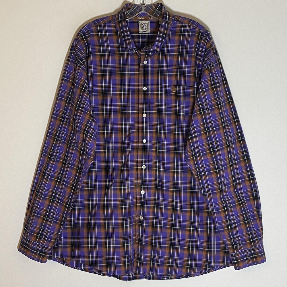 Cinch Shirt Mens XL Purple‎ Brown Plaid Button Down Long Sleeve Western Cotton